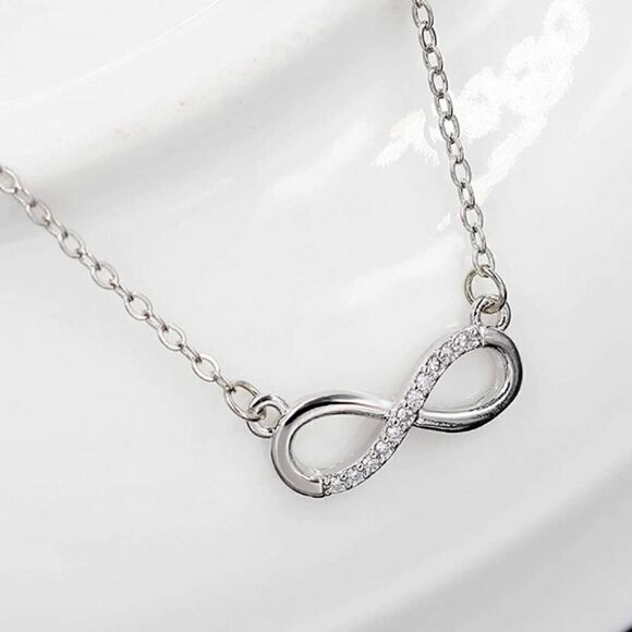 Platinum Plated Infinity Necklace Pave Cubic Zirconia 8 Infinity Pendant Jewelry - Picture 3 of 7